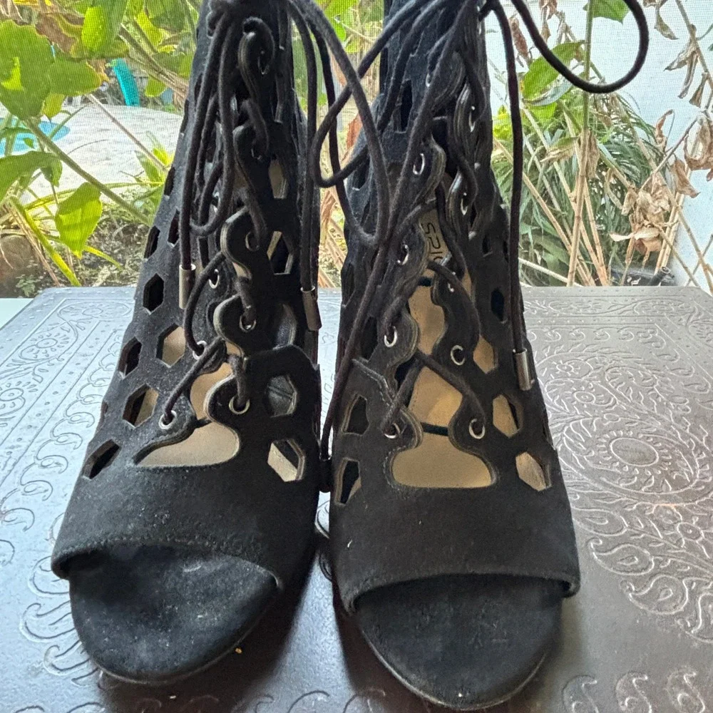 Via Spiga Eloise Black Suede‎ Cage Booties Lace-Up Heels 7.5